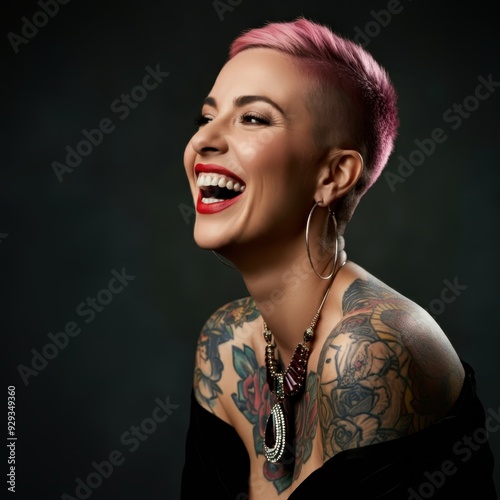 smiling woman, vibrant laughter, short pink hair, bold red lipstick, tattooed shoulders, large hoop earrings, expressive joy, dark background, studio portrait, high contrast, sharp details, elegant je photo