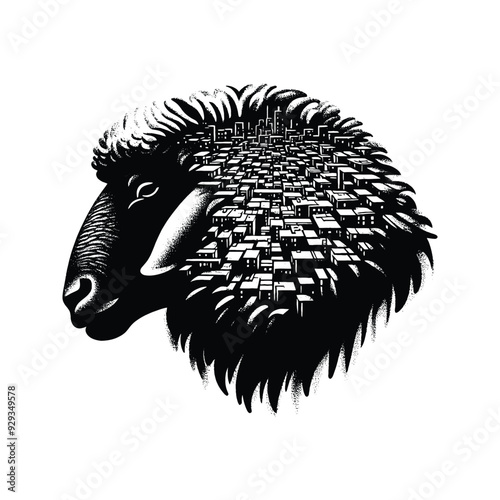 silhouette of sheep, filled with ghetto street in rough drawing,