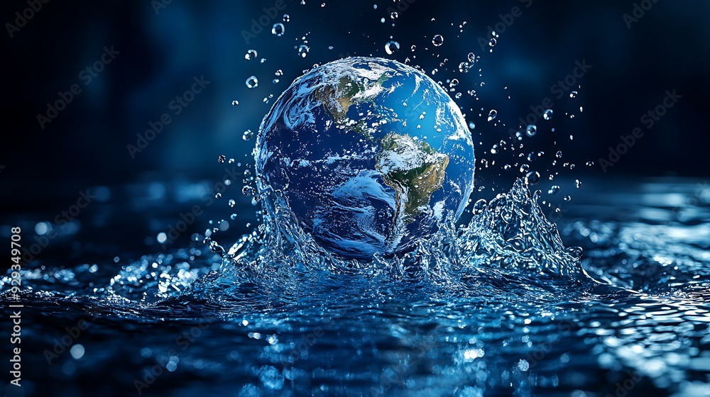 Water droplets form the shape of continents on a globe, copy sapce, emphasizing the interconnectedness of water resources worldwide, Global water awareness concept design
