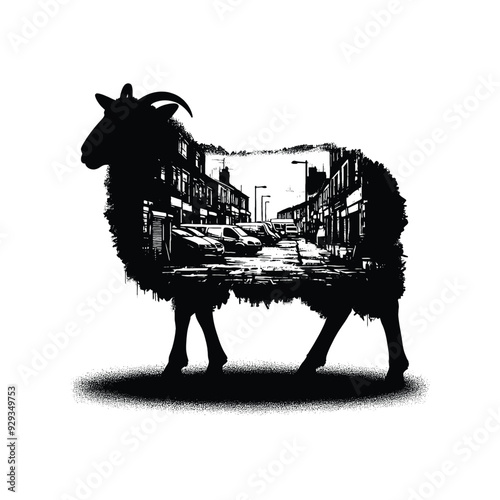 silhouette of sheep filled with ghetto street in rough drawing,