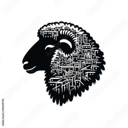 silhouette of sheep, filled with ghetto street in rough drawing,