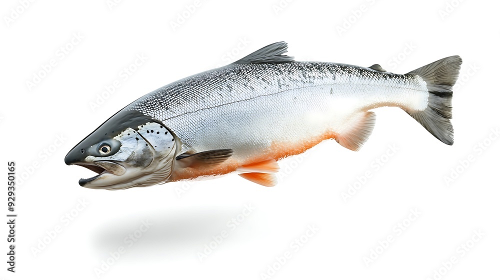 Fresh, whole salmon fish with scales, open mouth, and fins, isolated on white background. Fresh, whole salmon fish with scales, open mouth, and fins, isolated on white background.