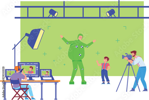 Film shooting on green screen. Modern movie production