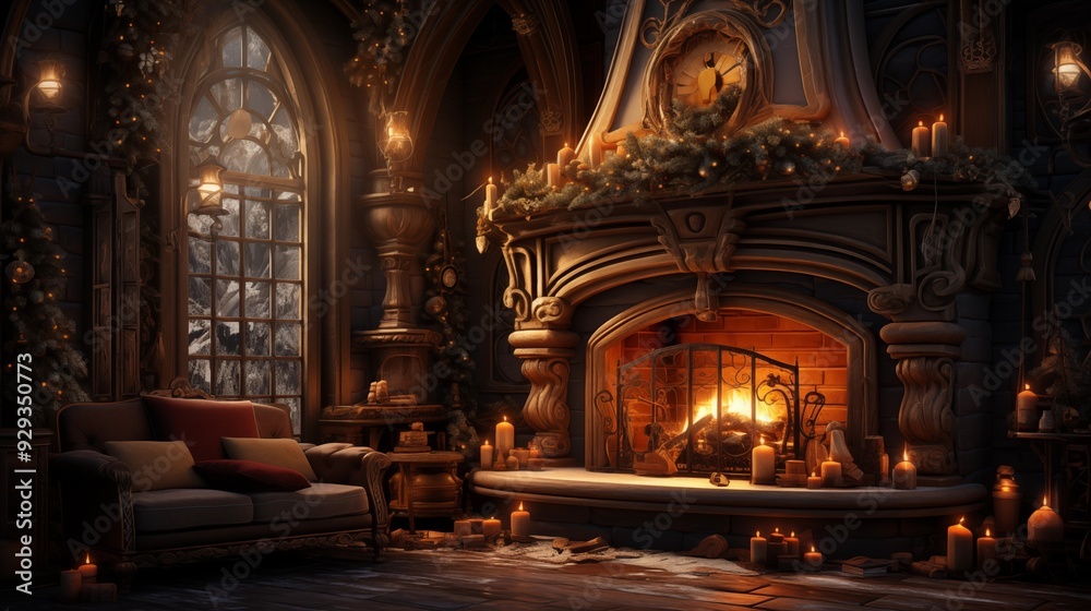 Christmas Festive Holiday Scene with Twinkling Lights, Decorated Trees, and Cozy Fireplace. Christmas Festive Holiday Scene with Twinkling Lights, Decorated Trees, and Cozy Fireplace.
