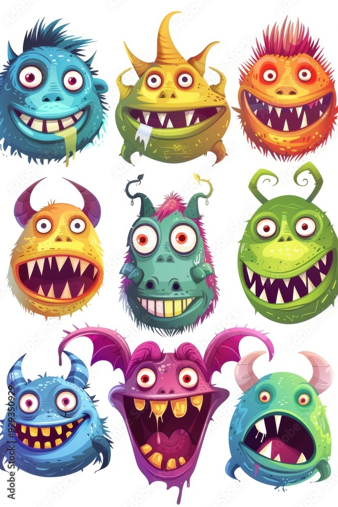 A group of colorful cartoon monsters with large eyes, ideal for illustrations and designs A group of colorful cartoon monsters with large eyes, ideal for illustrations and designs