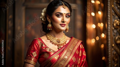 Elegant Woman in Red Silk Saree with Gold Embroideries 