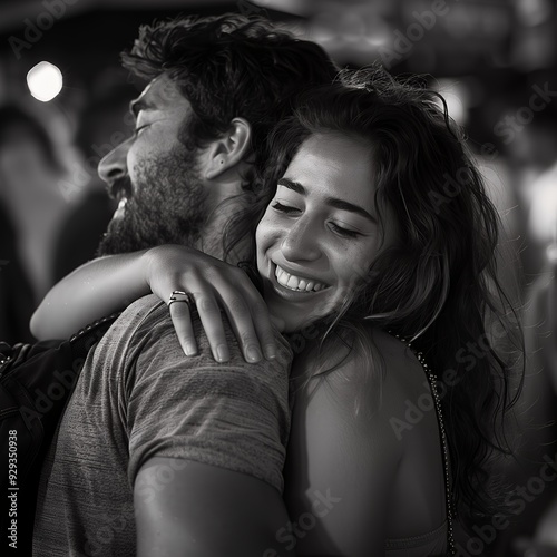 A joyful couple embracing in a lively setting, showcasing affection and connection.