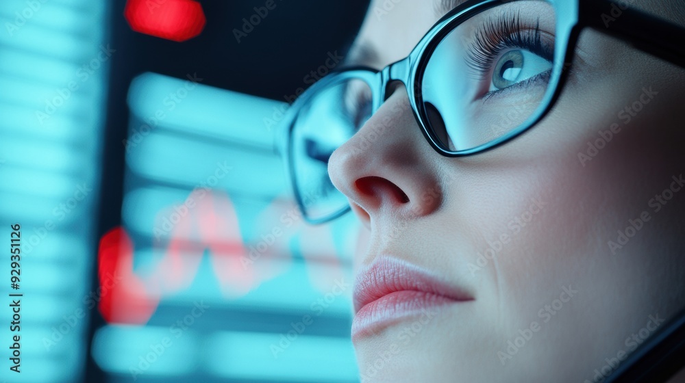 A woman wearing glasses and a headset looking at something, AI A woman wearing glasses and a headset looking at something, AI