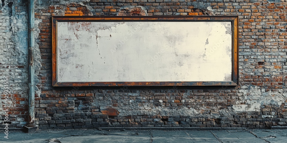 Naklejka premium A blank billboard stands framed against a charming and rustic brick wall, offering ample space and opportunity for creative advertisements, artistic displays, or unique artwork to shine