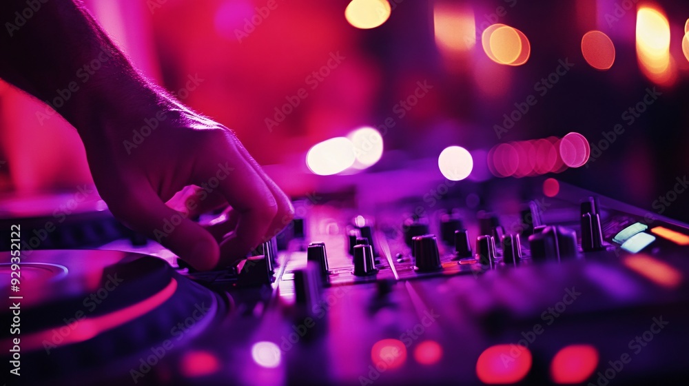 A close-up of a DJ's hands on turntables with a blurred background of a lively party scene A close-up of a DJ's hands on turntables with a blurred background of a lively party scene
