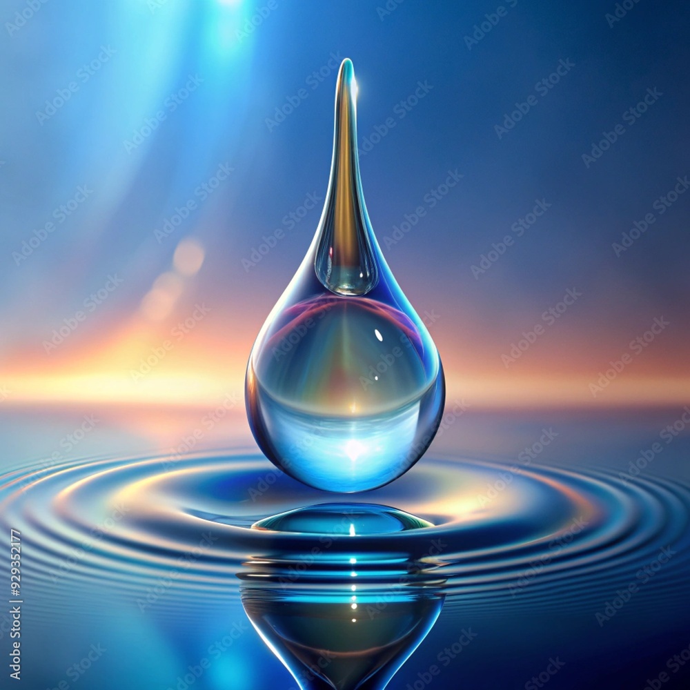 A single crystal-clear water droplet creating ripples on a reflective surface, set against a vibrant, blurred background. A single crystal-clear water droplet creating ripples on a reflective surface, set against a vibrant, blurred background.