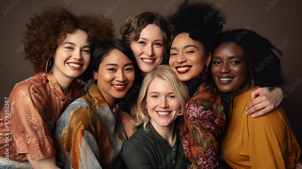 Fototapeta premium A joyful group of six women posing together, showcasing diversity and friendship.