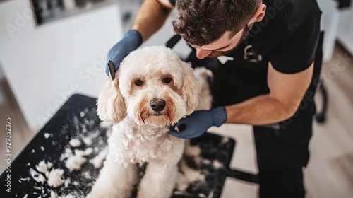 A professional dog groomer carefully trimming the fur of a fluffy dog in a bright, clean grooming salon