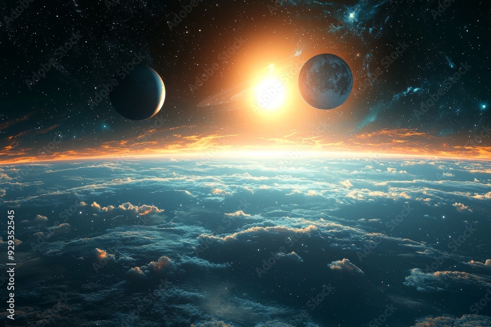 Obraz premium Space cosmic illustration with planets scene created with Generative AI