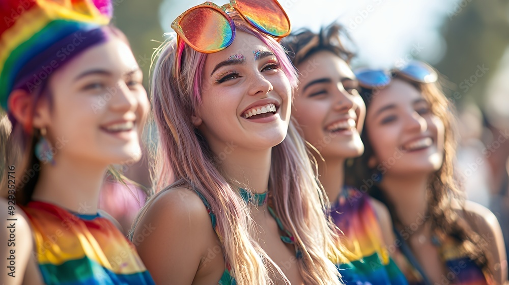 A joyful group of young women celebrating in colorful outfits at a festival. A joyful group of young women celebrating in colorful outfits at a festival.