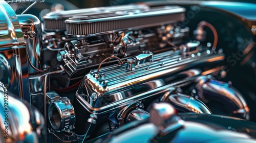 Close-up of a shiny, chrome-plated classic car engine