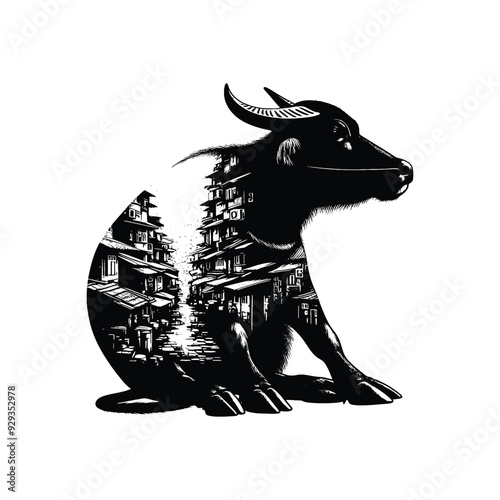 silhouette of water buffalo, filled with ghetto street in rough drawing,