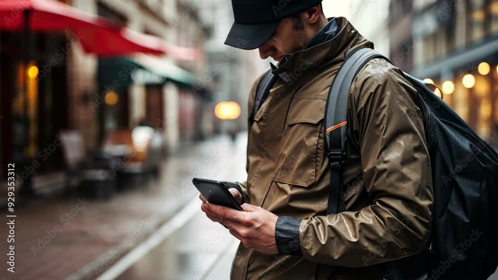 A person dressed for the rain stands on a city street, absorbed in their phone as droplets fall around them
