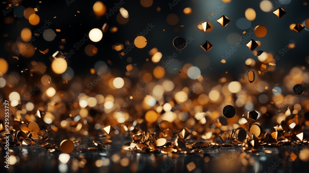 falling gold glitter foil confetti on black background, event festival. falling gold glitter foil confetti on black background, event festival.