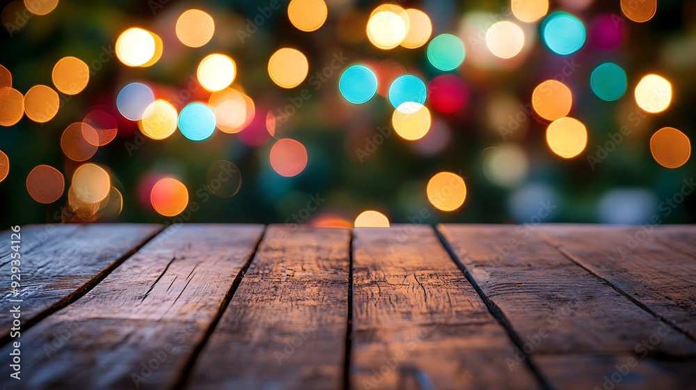 Rustic wooden table with blurred Christmas lights in background. Rustic wooden table with blurred Christmas lights in background.