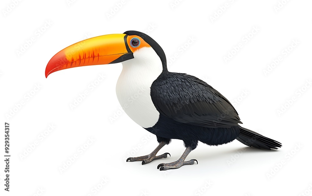 Naklejka premium A toucan with a large orange beak and black feathers stands on a white background.