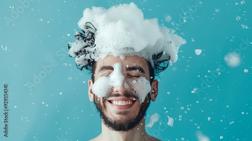 A joyful person with foam on their head, enjoying a playful moment. photo