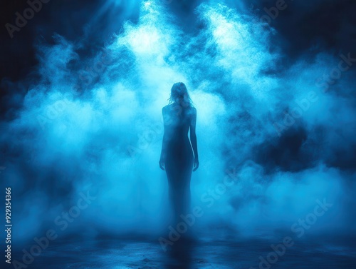 ethereal concert stage bathed in misty blue light dramatic smoke tendrils piercing spotlights creating otherworldly atmosphere silhouette of performer emerging from haze