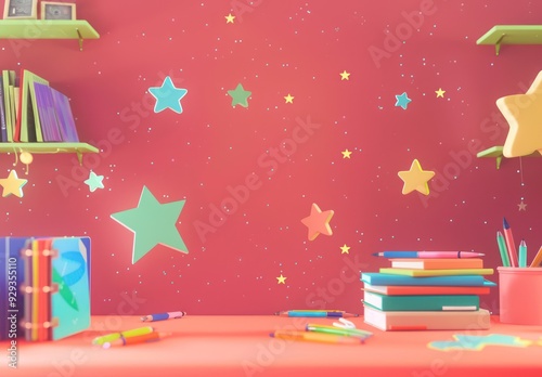 Creative desk area, magenta background, stars and colorful stationery floating, space for artwork photo