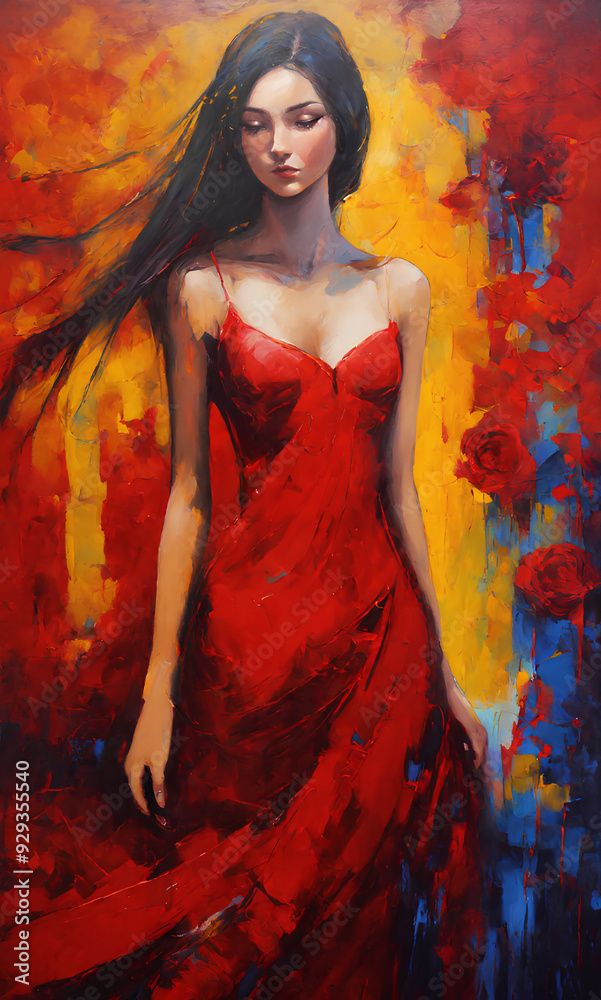 Artistic image of beautiful woman wearing elegant red dress standing in the garden at midnight Artistic image of beautiful woman wearing elegant red dress standing in the garden at midnight