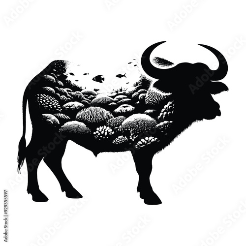 silhouette of water buffalo, filled with underwater view with coral in rough drawing,