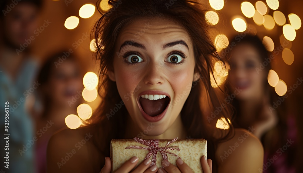 A joyful young woman excitedly holds a gift, surrounded by friends in a festive setting. A joyful young woman excitedly holds a gift, surrounded by friends in a festive setting.