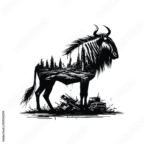 silhouette of Wildebeest, filled with destroyed futuristic dystopia environment in rough drawing,