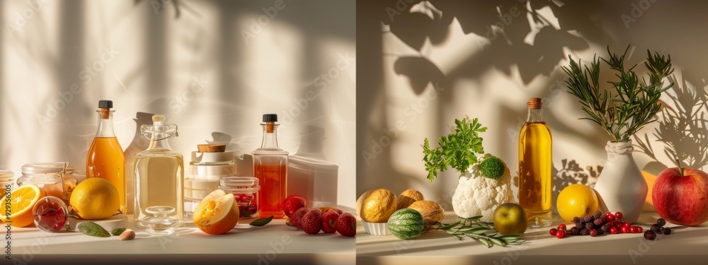 Rustic and Natural Ingredients with Shadows in a Cozy Kitchen Setup Rustic and Natural Ingredients with Shadows in a Cozy Kitchen Setup