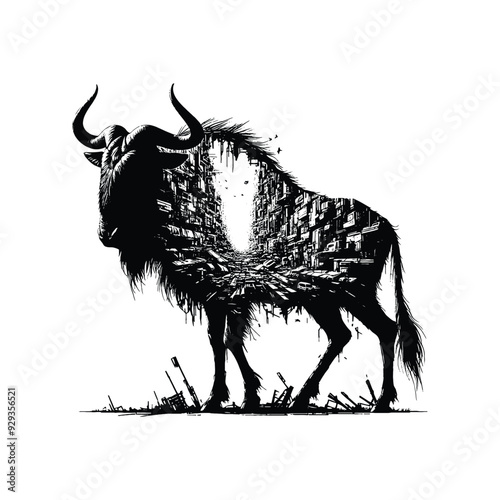 silhouette of Wildebeest, filled with destroyed futuristic dystopia environment in rough drawing,