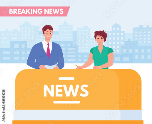 Breaking news hosts. Man and woman in tv studio
