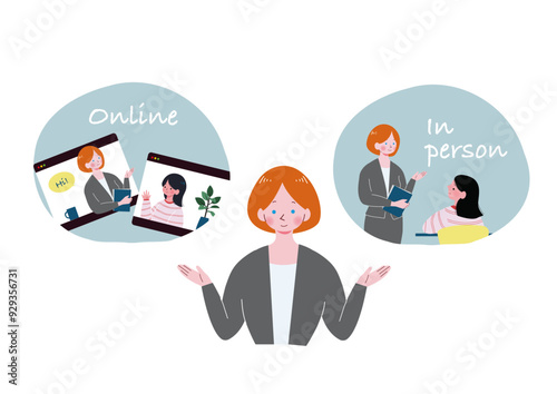 白人の英語教師の女性とクラスの種類の説明のイラスト