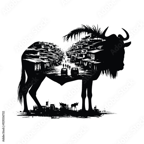 silhouette of Wildebeest, filled with ghetto street in rough drawing,