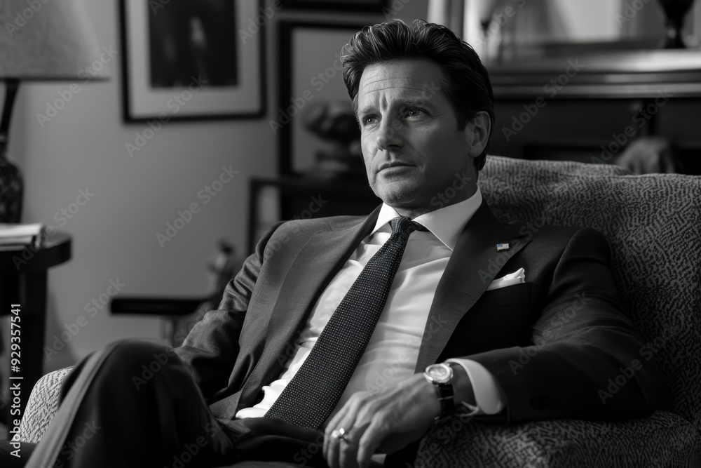 A monochromatic image of a thoughtful man, light-skinned and in his 40s, dressed in a suit and tie, seated and reflecting, symbolizing contemplation and responsibility ahead of the election. A monochromatic image of a thoughtful man, light-skinned and in his 40s, dressed in a suit and tie, seated and reflecting, symbolizing contemplation and responsibility ahead of the election.
