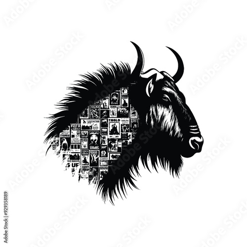 silhouette of Wildebeest, filled with vintage punk's poster collage wall in rough drawing, photo