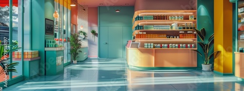 Modern Apothecary Shop Interior with Bright Pastel Colors photo