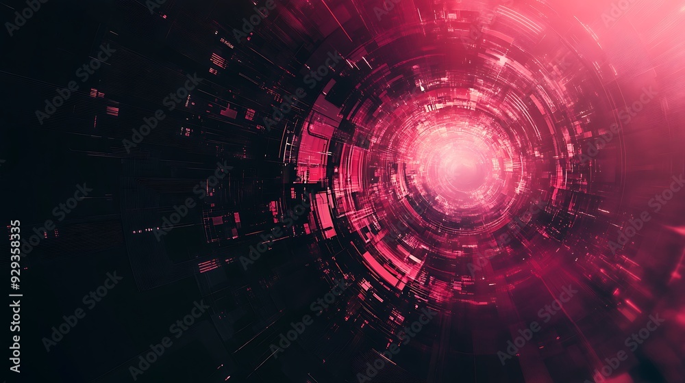 Fototapeta premium Abstract red and black digital tunnel with glowing lines.