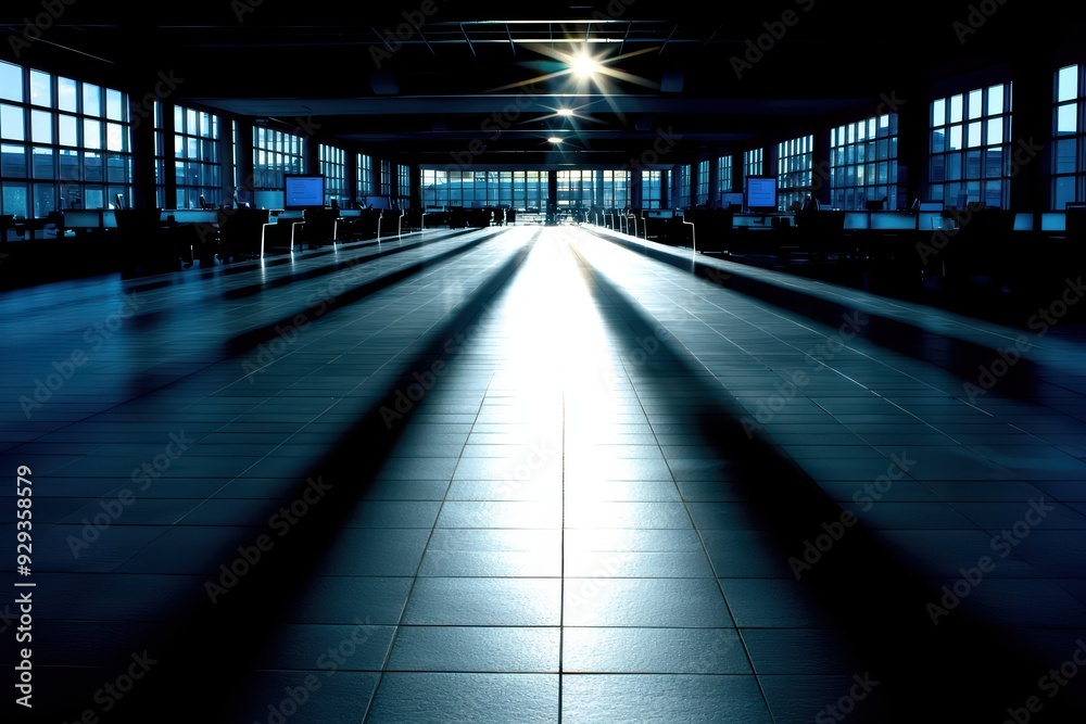 A tranquil, illuminated corridor bathed in soft light, showcasing a modern, spacious interior with long shadows on the floor.
