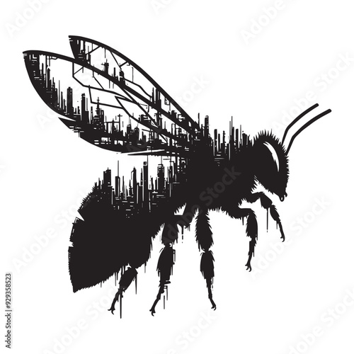 silhouette of Bee, filled with destroyed futuristic dystopia environment in rough drawing,