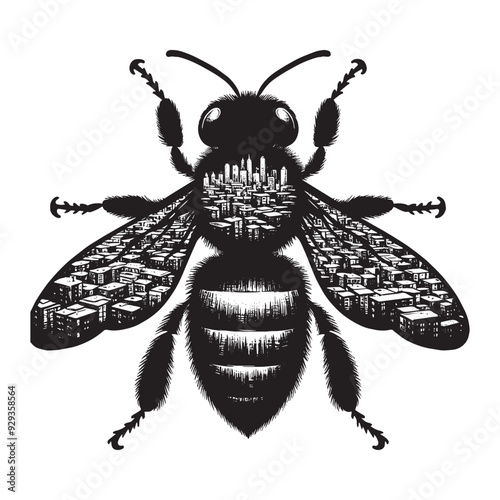 silhouette of Bee, filled with ghetto street in rough drawing,