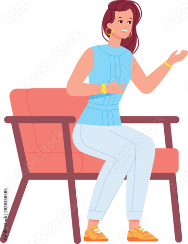 Woman sit and chair and talking. Tv show host