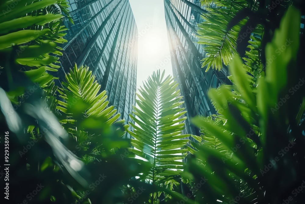 A vibrant view of lush greenery contrasting against modern skyscrapers, showcasing urban nature and serenity beneath the sun. A vibrant view of lush greenery contrasting against modern skyscrapers, showcasing urban nature and serenity beneath the sun.