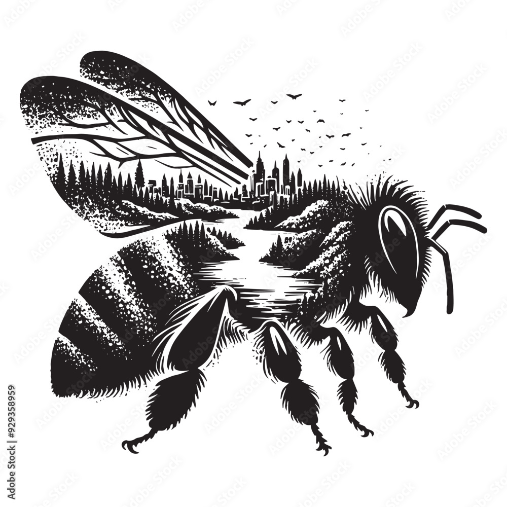 Obraz premium silhouette of Bee, filled with river view in rough drawing,