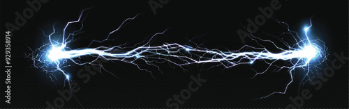 Electric discharge shocked effect for design. Power electrical energy lightning spark or electricity effects realistic isolated blitz vector illustration on checkered background
