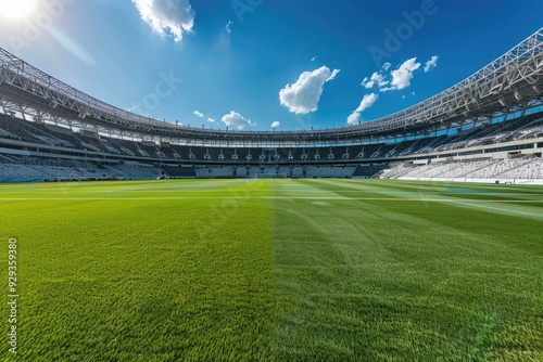 An abandoned soccer field with lush green grass and a clear blue sky, ideal for use in sport-related concepts or as a background