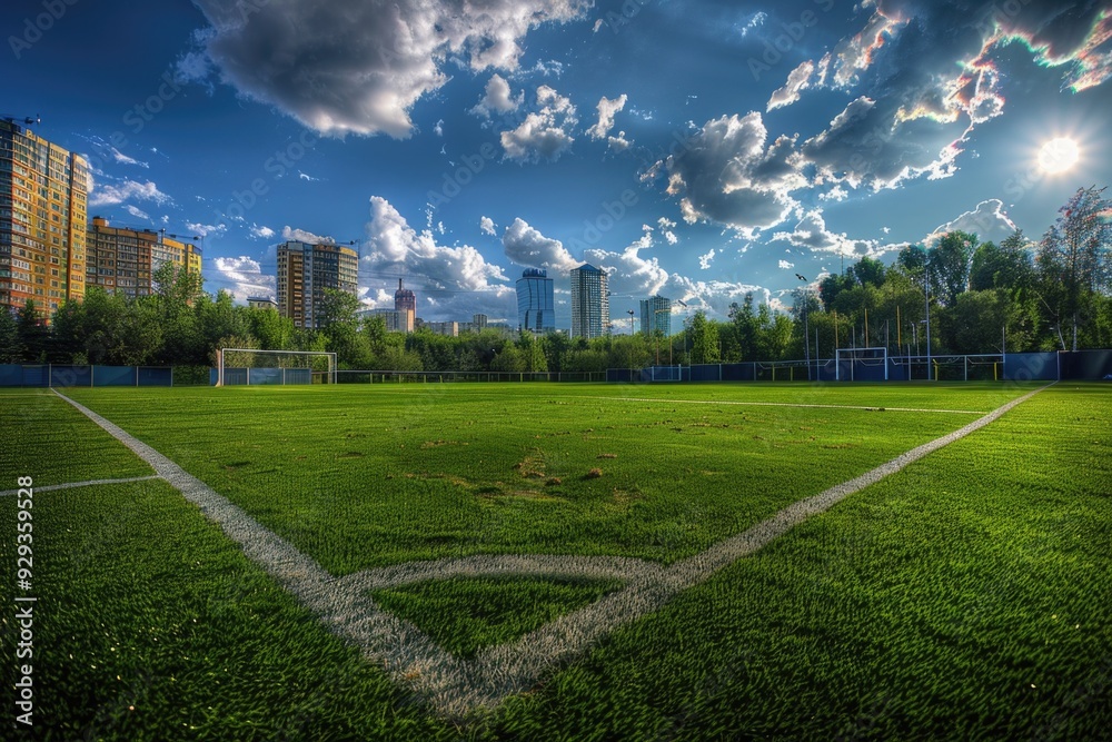 Obraz premium Aerial view of a soccer field with a city skyline in the background, perfect for urban sports or lifestyle themes